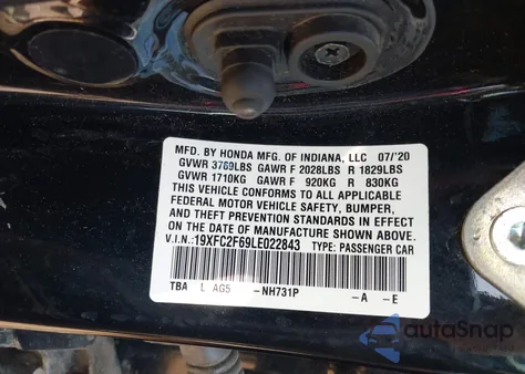 2020 Honda Civic Lx из США, поврежденный, VIN 19XFC2F69LE022843